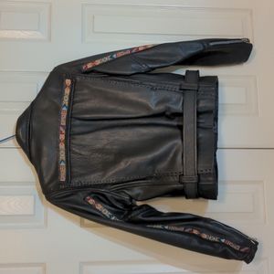 Diamond Leathers EUC motorcycle jacket Native American Indian bead trim 8 black
